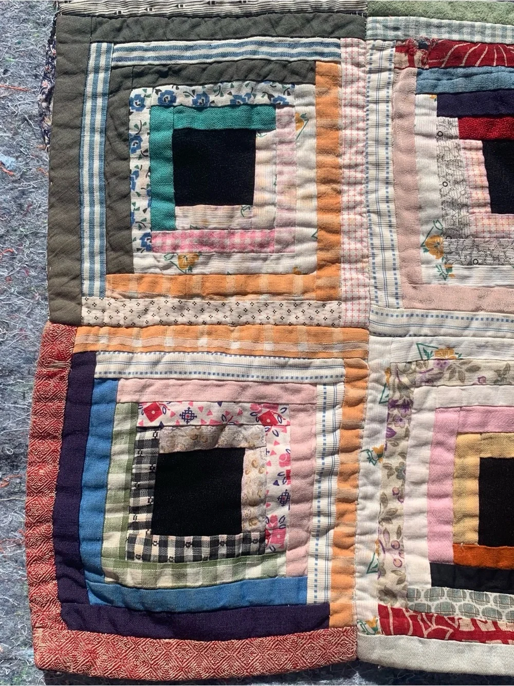 Antique 1940s or older multicolor multi-material log cabin quilt